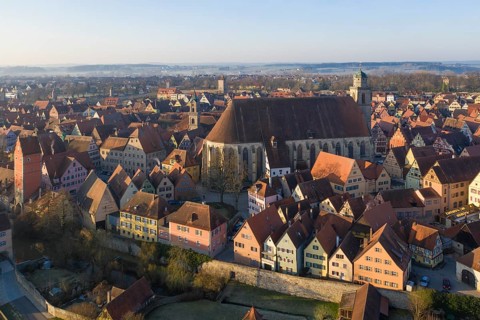 Aerial view of the medieval town of Dinkelsbuehl with St. George Minster and Woernitz Gate