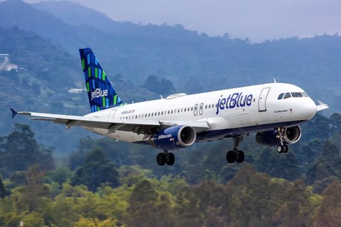 A JetBlue Airbus A320 aircraft with registration number N585JB lands at Medellin Rionegro Airport