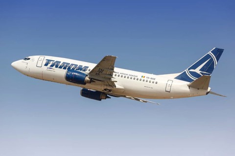 A Tarom Boeing 737-300 aircraft with registration number YR-BGE takes off from Tel Aviv Airport