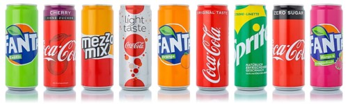 Coca Cola Coca-Cola products Fanta Sprite lemonade drinks in can in a row exempted isolated in Germany