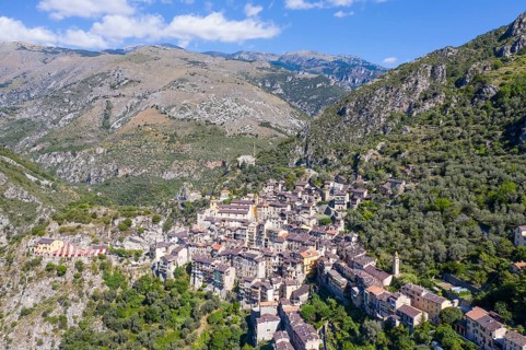 Aerial view of the mountain village of Saorge above the Roya valley on the road between Ventimiglia on the coast and the Col de Tende pass