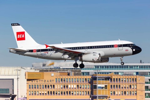 An Airbus A319 aircraft of British Airways with the registration G-EUPJ in the retro special livery lands at Stuttgart Airport