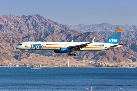 An Arkia Boeing 757-300 aircraft with registration number 4X-BAU lands at Eilat Airport