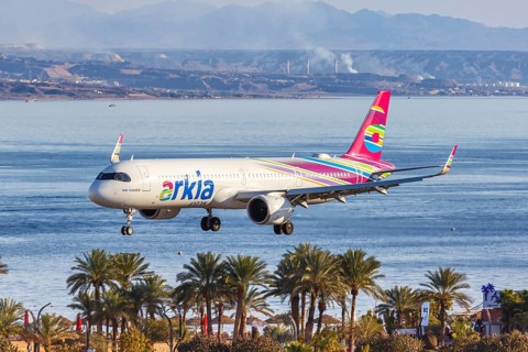An Arkia Airbus A321neo with the registration number 4X-AGH lands at Eilat Airport