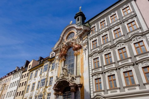 Facades Asam House and late Baroque Asam Church