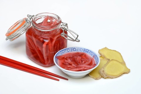 Pickled ginger in glass and peel