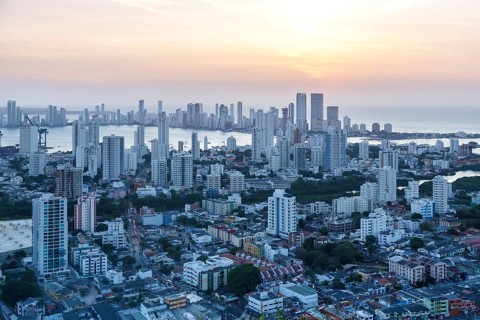 Skyline city sea skyscrapers evening in Cartagena