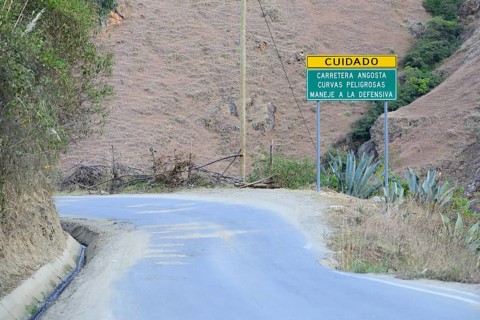 Warning sign at curvy road