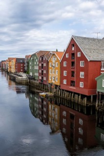Colourful historic warehouses by the river Nidelva