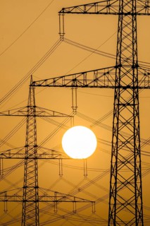 Power pylons at sunset