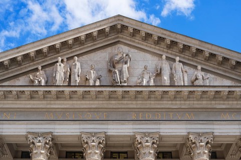 Gable of the opera and Corinthian column capitals