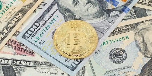 Bitcoin cryptocurrency online pay digital money cryptocurrency US dollar economy finance banner text free space copyspace