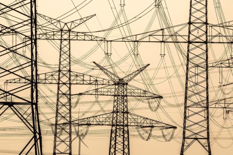 Power pylons at sunset