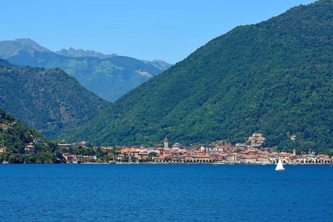 Cannobio on the shore of Lake Maggiore with wooded mountain slopes