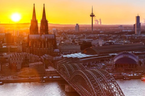 Cologne Cathedral Church Skyline City Sunset Bridge Rhine Hohenzollern Bridge in Cologne