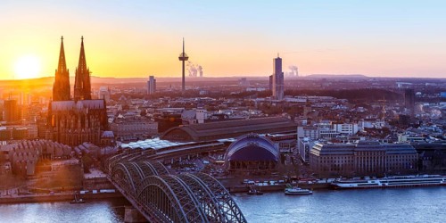 Cologne Cathedral Church Panorama Skyline City Sunset Bridge Rhine Hohenzollern Bridge in Cologne