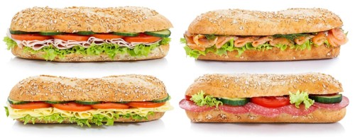 Baguette with ham salami cheese salmon fish collection side exempted exempted wholemeal baguettes isolated