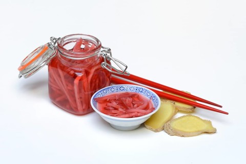 Pickled ginger in glass and peel