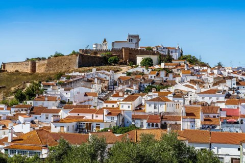 Cityscape of historic town with castle