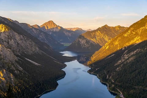 View from the summit of Schoenjoechl to Plansee and mountains