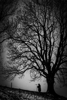 Man with scythe under tree with starry sky