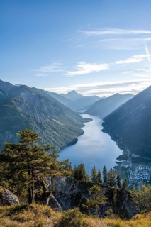 View from the summit of Schoenjoechl to Plansee and mountains