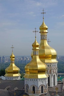 View of the golden domes of the Cathedral of the Assumption of the Virgin Mary from the Great Bell Tower