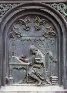 Scenes from the life of Martin Luther on the pedestal of the Luther Monument in Moehra