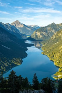 View from the summit of Schoenjoechl to Plansee and mountains