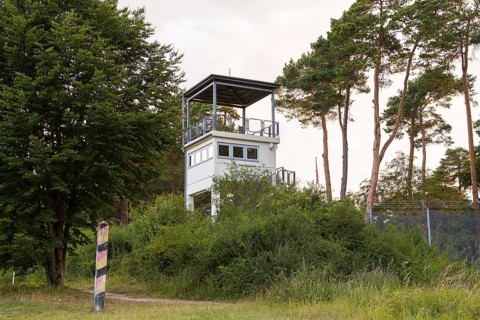 Former US observation tower with border posts at Point Alpha