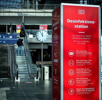 Deutsche Bahn disinfection stand at the entrance to Berlin Central Station