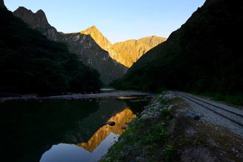 Reflection of the Rio Urubamba at the railway line to Aguas Calientes