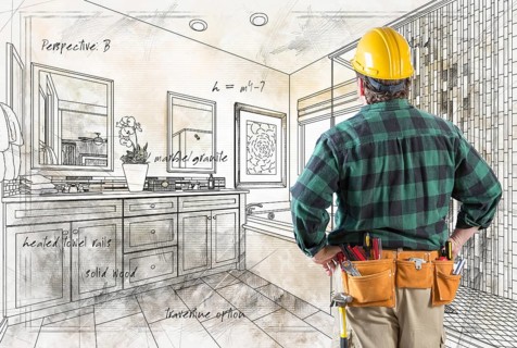 Contractor With Hard Hat and Tool Belt Facing Custom Master Bathroom Design Drawing Details