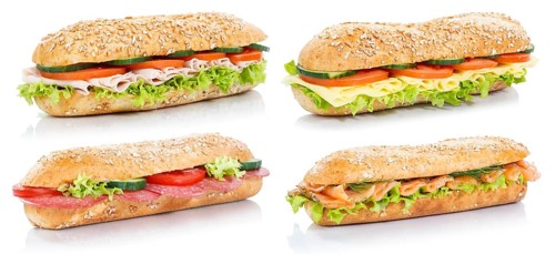 Collection Baguette Rolls Topped with Ham Salami Cheese Salmon Fish Sandwich Fresh cut out cut out Isolated