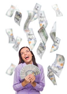 Celebrating young woman holding $100 bills with many others falling around her on white