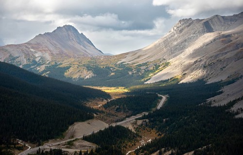 View of mountains Mount Wilcox and Nigel Peak and Wilcox Pass in autumn