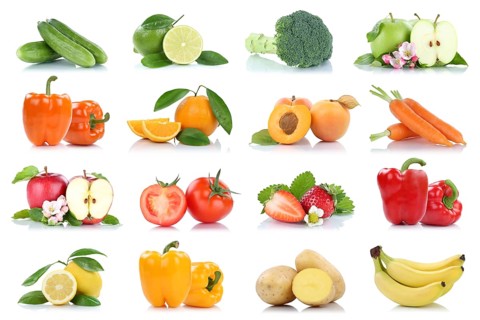 Fruits fruits and vegetables apple tomatoes orange lemon carrots colors collection clipping isolated against a white background