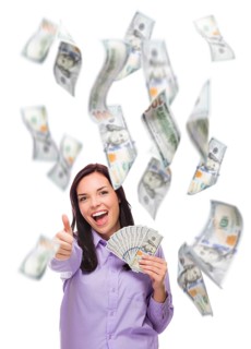 Celebrating young woman holding $100 bills with many others falling around her on white