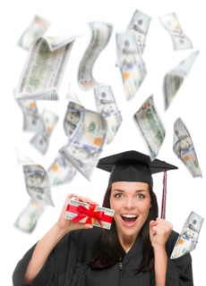 Excited female graduate in cap and gown holding stack of $100 bills with many falling around her on white