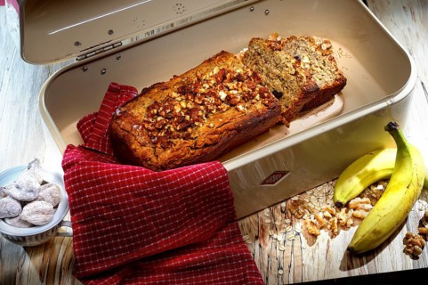 Baked fresh banana bread in bread box