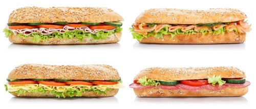 Rolls with ham salami cheese salmon fish collection side exempted exempted wholemeal baguettes isolated