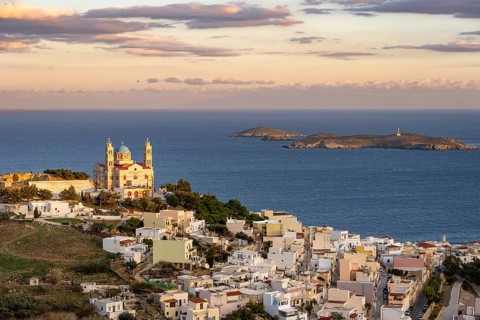 View from Ano Syros to the houses of Ermoupoli with the Anastasi Church or Church of the Resurrection
