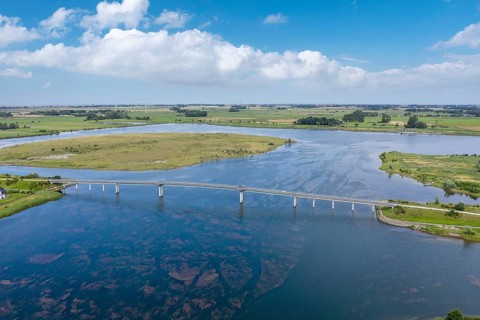 Aerial view with footbridge over the lake Wangermeer