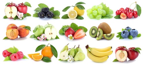Fruit fruit collage apple orange banana oranges kiwi apples pear grapes cherries cropped against a white background
