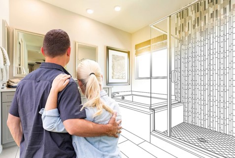 Couple facing bathroom drawing gradating to photo
