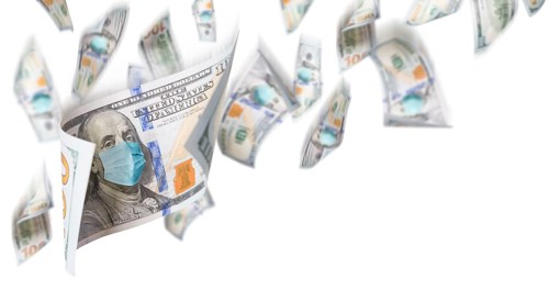 100 dollar bills with medical face mask falling from above on white background
