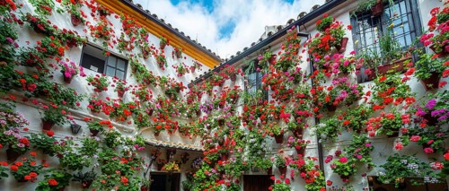 Many red geraniums in flower pots on the house wall