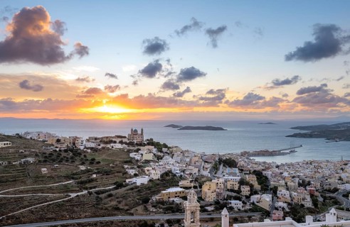 View from Ano Syros to the houses of Ermoupoli with the Anastasi Church or Church of the Resurrection