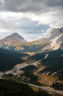 View of mountains Mount Wilcox and Nigel Peak and Wilcox Pass in autumn