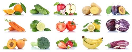 Fruit and vegetables fruits many apple tomatoes oranges lemons colors cropped isolated against a white background